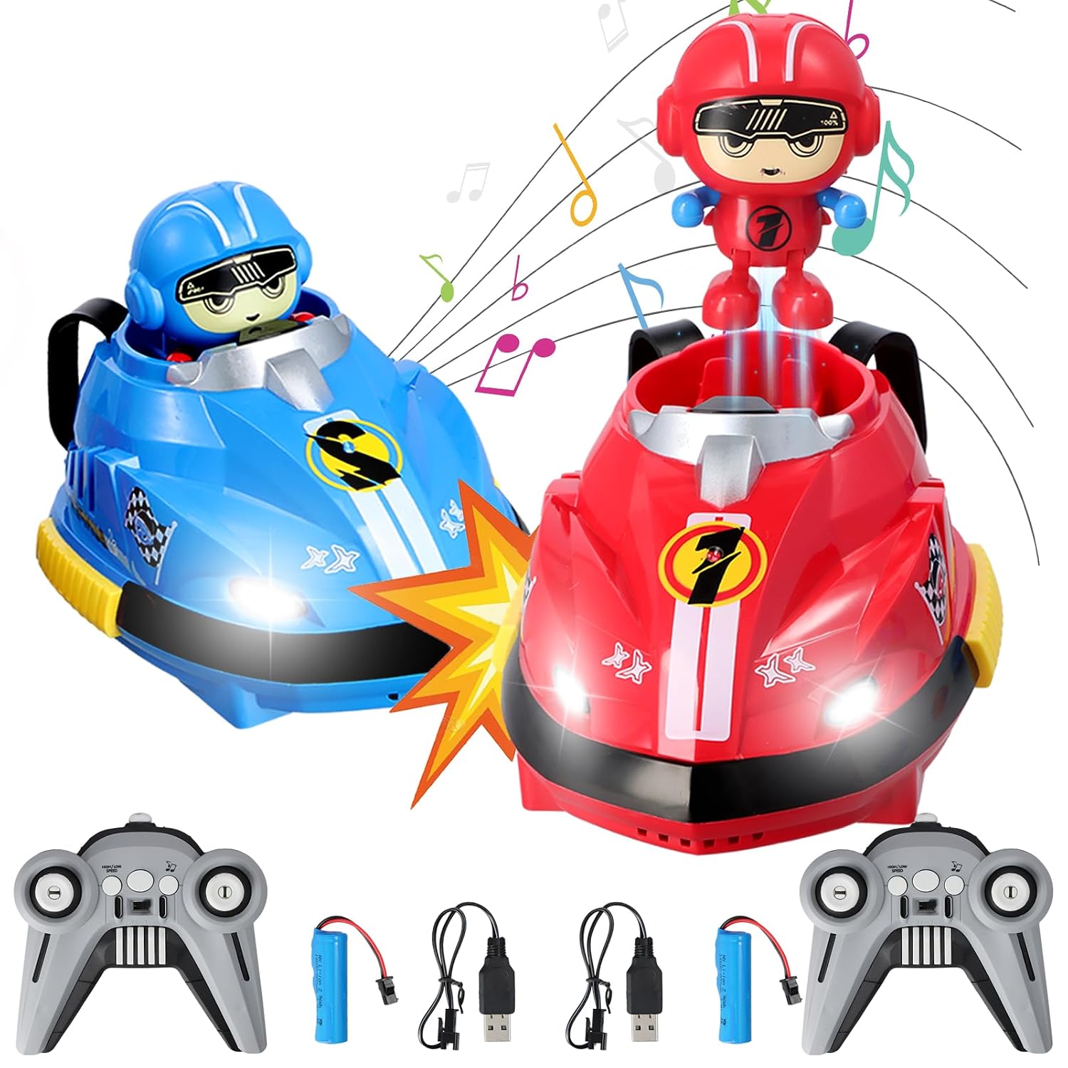 Set of 2 RC Bumper Cars with Ejectable Robots, LED and Rechargeable Battery, Interactive Toy for Children Boys and Girls, Gift for 4 5 6 7 8 9 10 Years Old, Multicolor